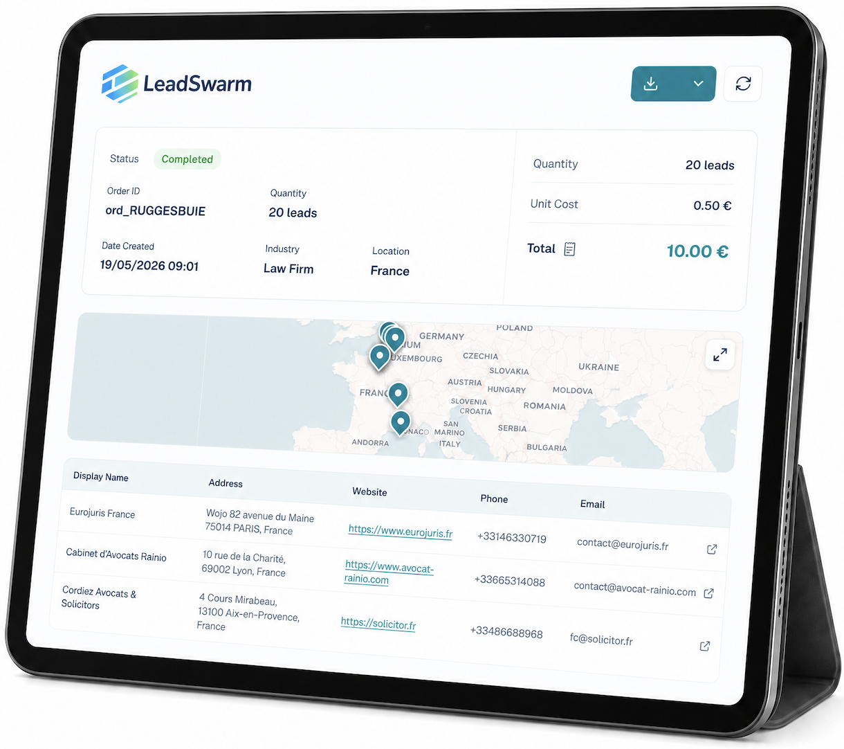 LeadSwarm order dashboard preview on a tablet